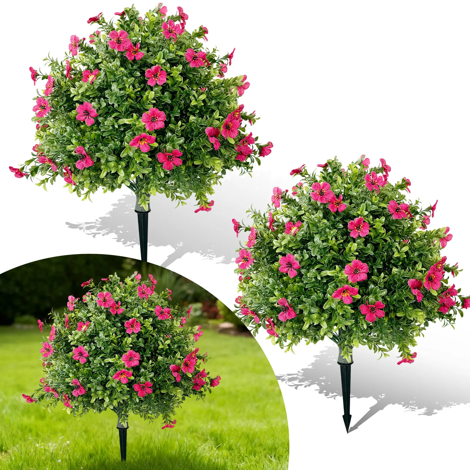 Artificial Boxwood Ball Topiary Trees with Flowers Set of 2, Fake Outdoor Shrubs with Ground Spikes, Realistic Faux Plants for Porch Garden Patio Entryway Decor