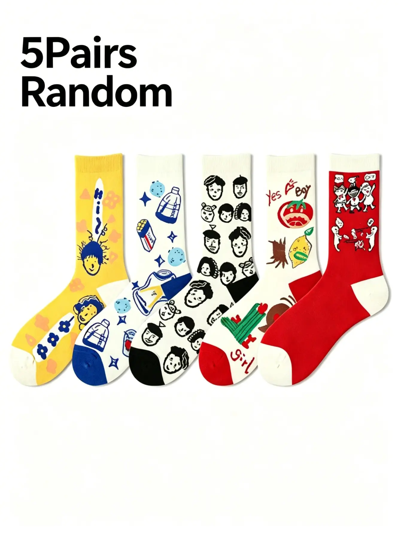 5 Pairs Random Cartoon Sketch Print Crew Socks, Graffiti Hand Drawn Novelty Mid Calf Stackable Socks, Elastic Breathable Fun Casual Socks for Teen Girls Women Street Campus Daily Outfits