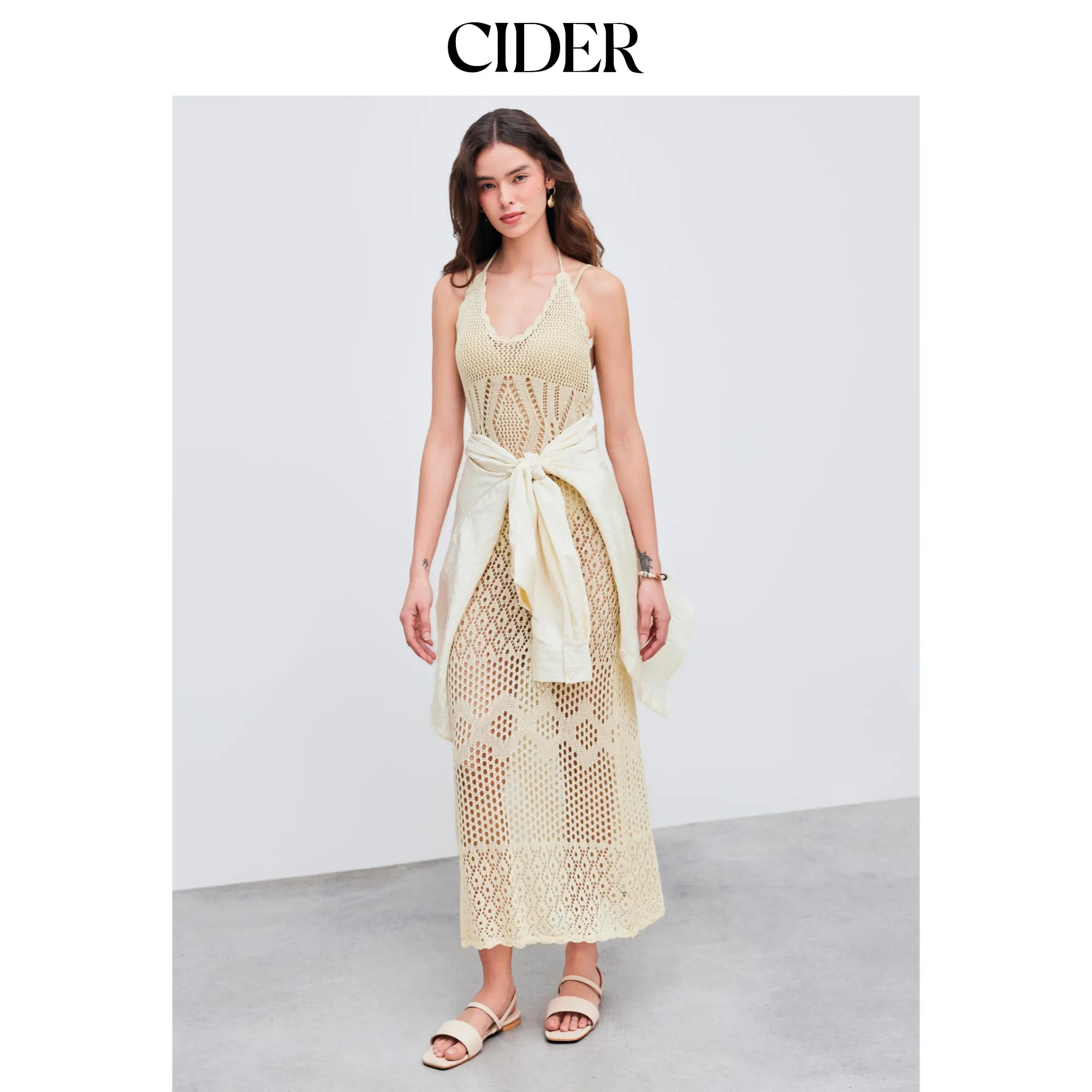 Cider [size 2-10] Knitted Halter Solid Backless See-through Maxi Dress SohoChic