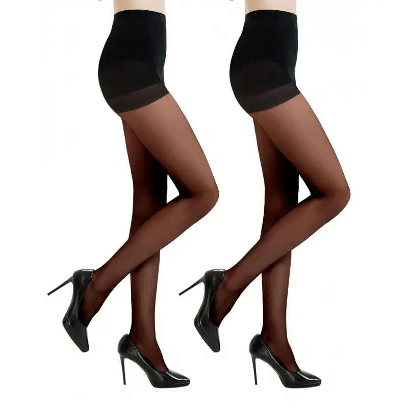 Women's 2 Pairs Black Spandex Tights - 20D Silky Control Top Pantyhose, Casual Use, Reinforced Toes, Smooth & Durable