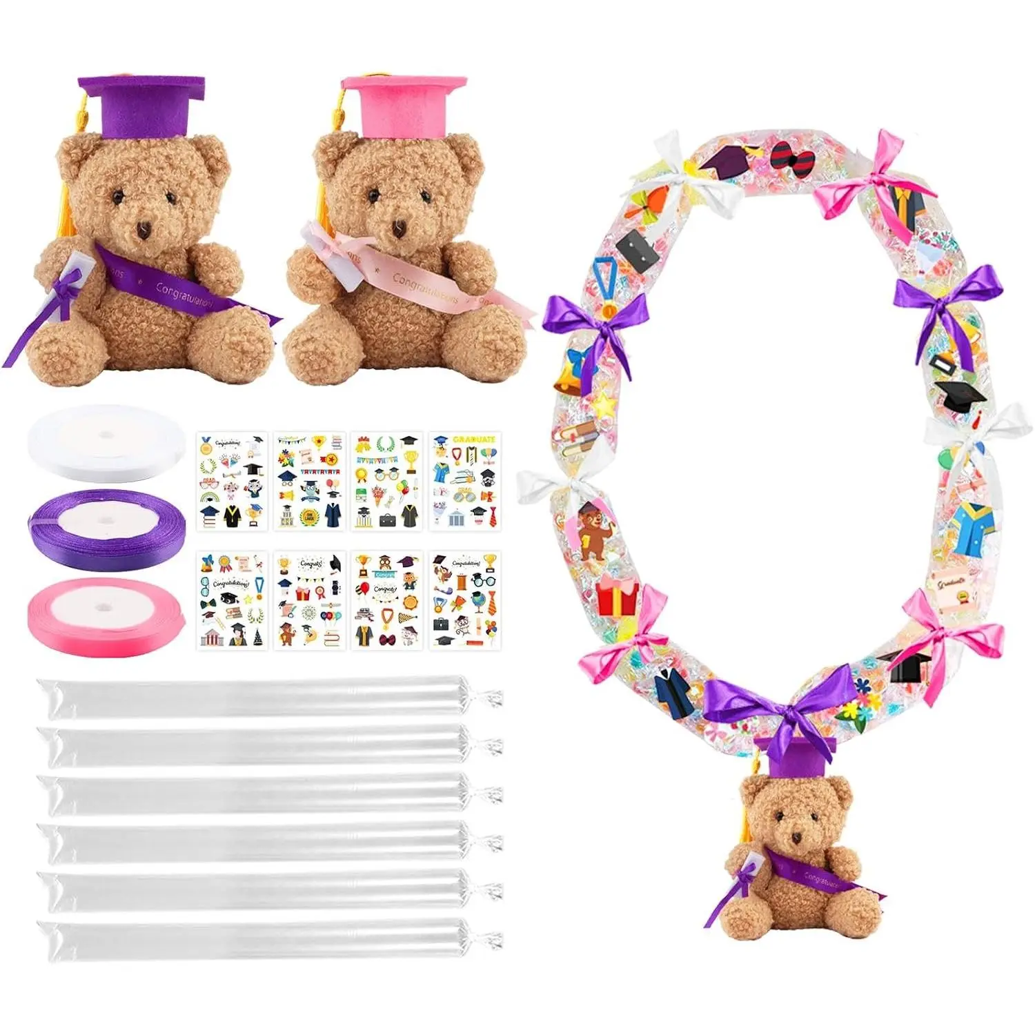 Candy Leis for Graduation 2026, Making Kit Supplies Tubing Grad Leis for Graduation Candy Necklace with 3 Color Ribbons  Decoration Kit, Grad Party  for Graduates(White, , )