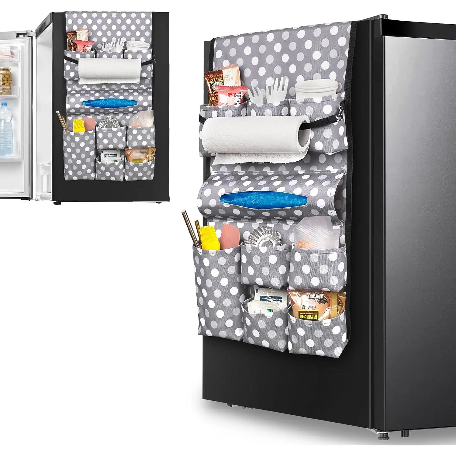 Mini Fridge Organizer, Dust Cover with 14 Pockets for  Household Refrigerators,  Mini Fridge  Organizer Storage Bag for Dorm, Office, Kitchen, , School, Dots