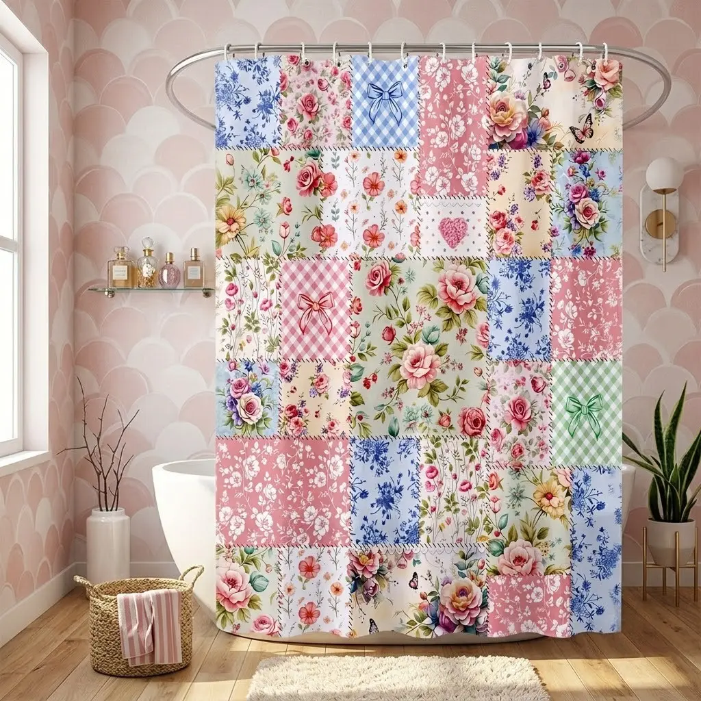1pcs Pastoral patchwork floral shower curtain, pastel plaid bow rose wildflower butterfly plaid panel printed bathroom curtain, sweet country home decoration perfect for holiday bathrooms, Bathroom Shower Curtains