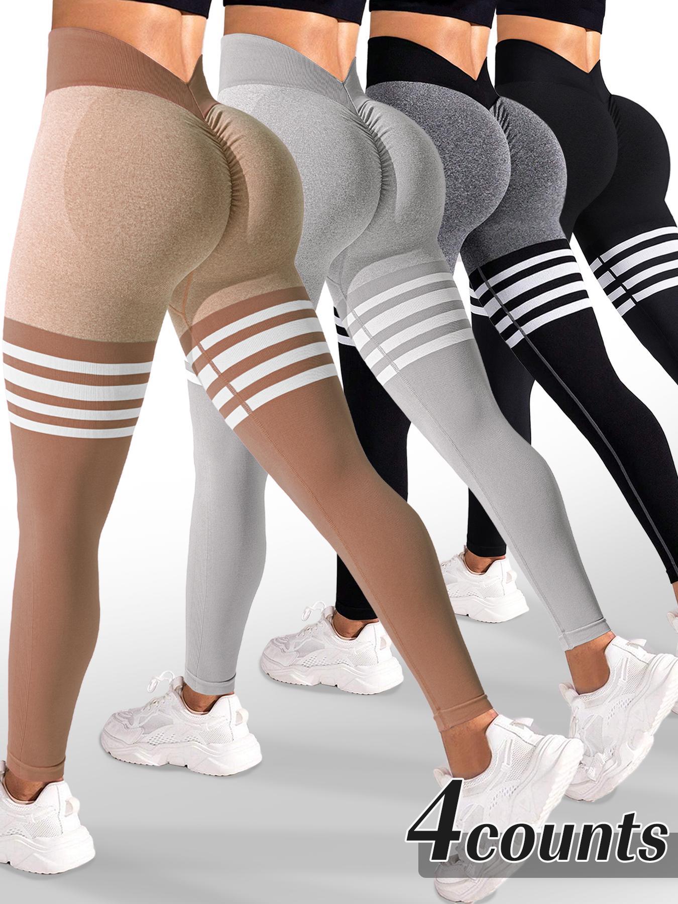 Women's Striped Print Ruched High Waist Sports Leggings, Athleisure Fitness Leggings, Sporty Comfy Breathable V-shaped Waist Skinny Pants for Yoga Gym Workout Running, Ladies Sportswear for All Seasons, Gym Fitness Leggings