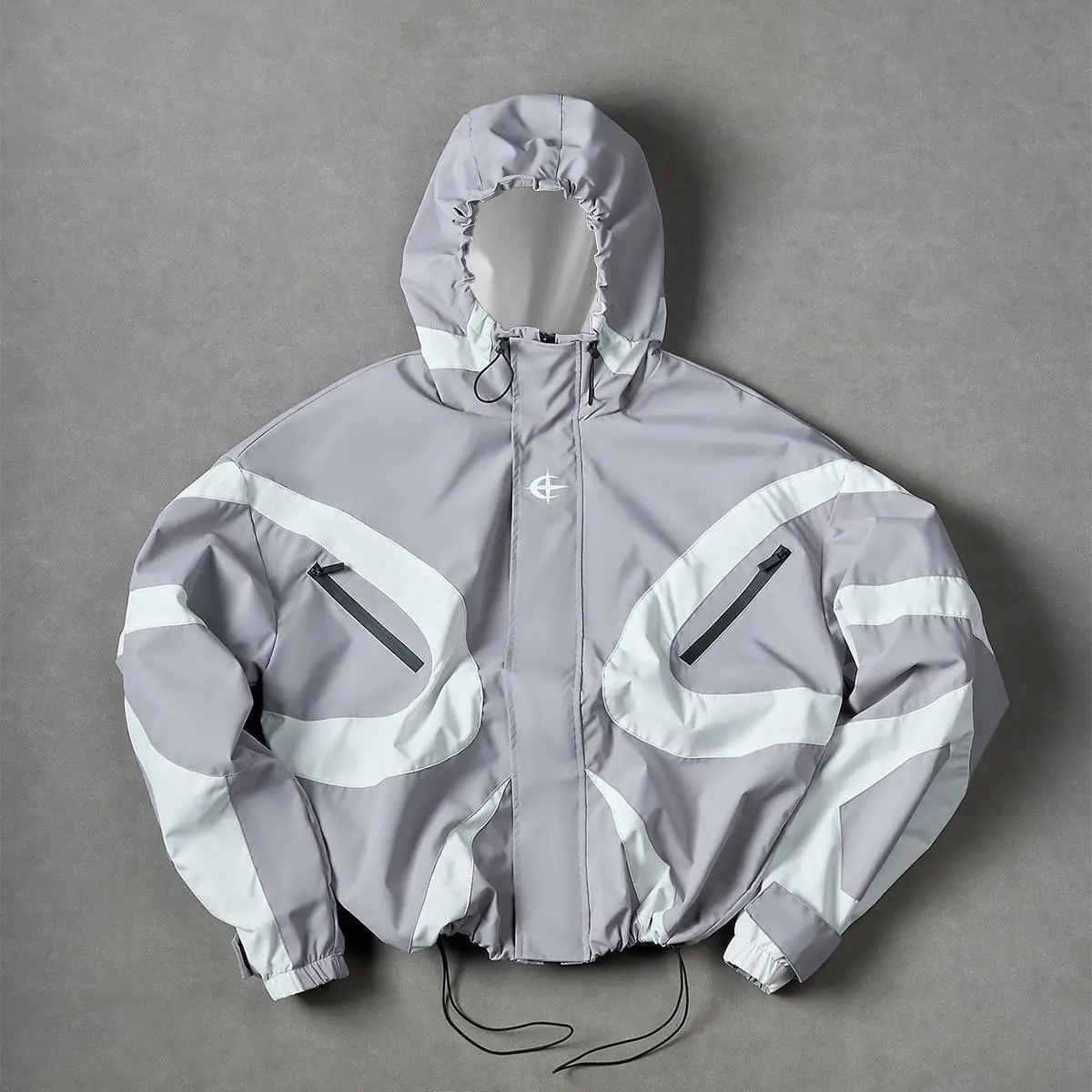 Y2K Futuristic Techwear Jacket | Grey & White Aesthetic Windbreaker SpringStatements