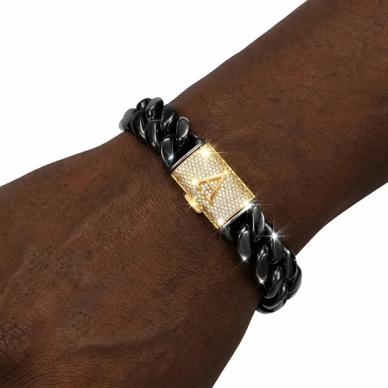 14mm Chunky Cuban Chain Bracelet - 100% Stainless Steel Heavy Bangle, 7.5-8.5in Length, Metallic Text Initial Letters (26 English Initials), Vacuum Nano Coating, Low Allergenic, Fade-Resistant, Elegant Gift Box, Birthday Gift Ideas for Son