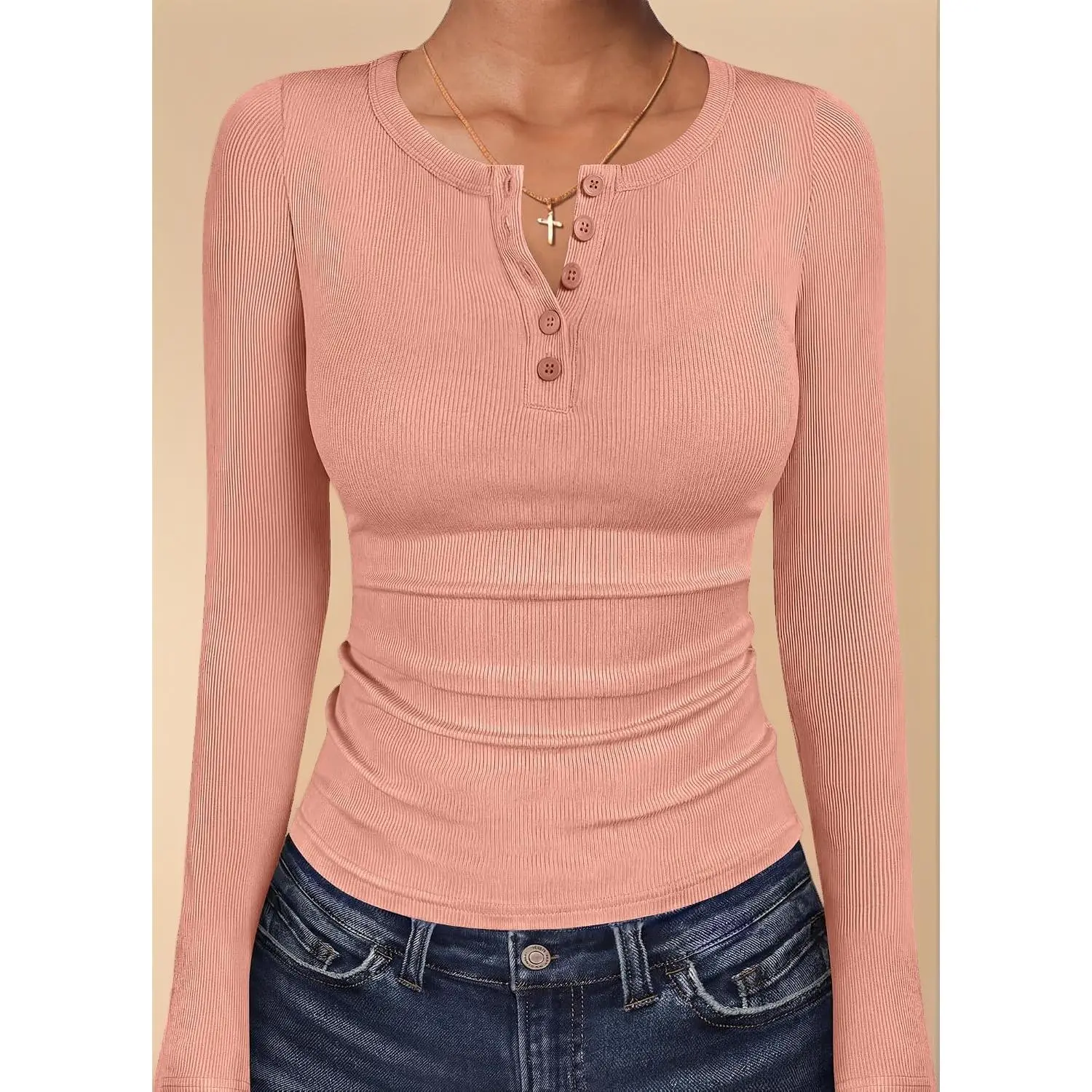Fall Women's Long Sleeve Henley Tops Casual Button Basic Henley Shirts
