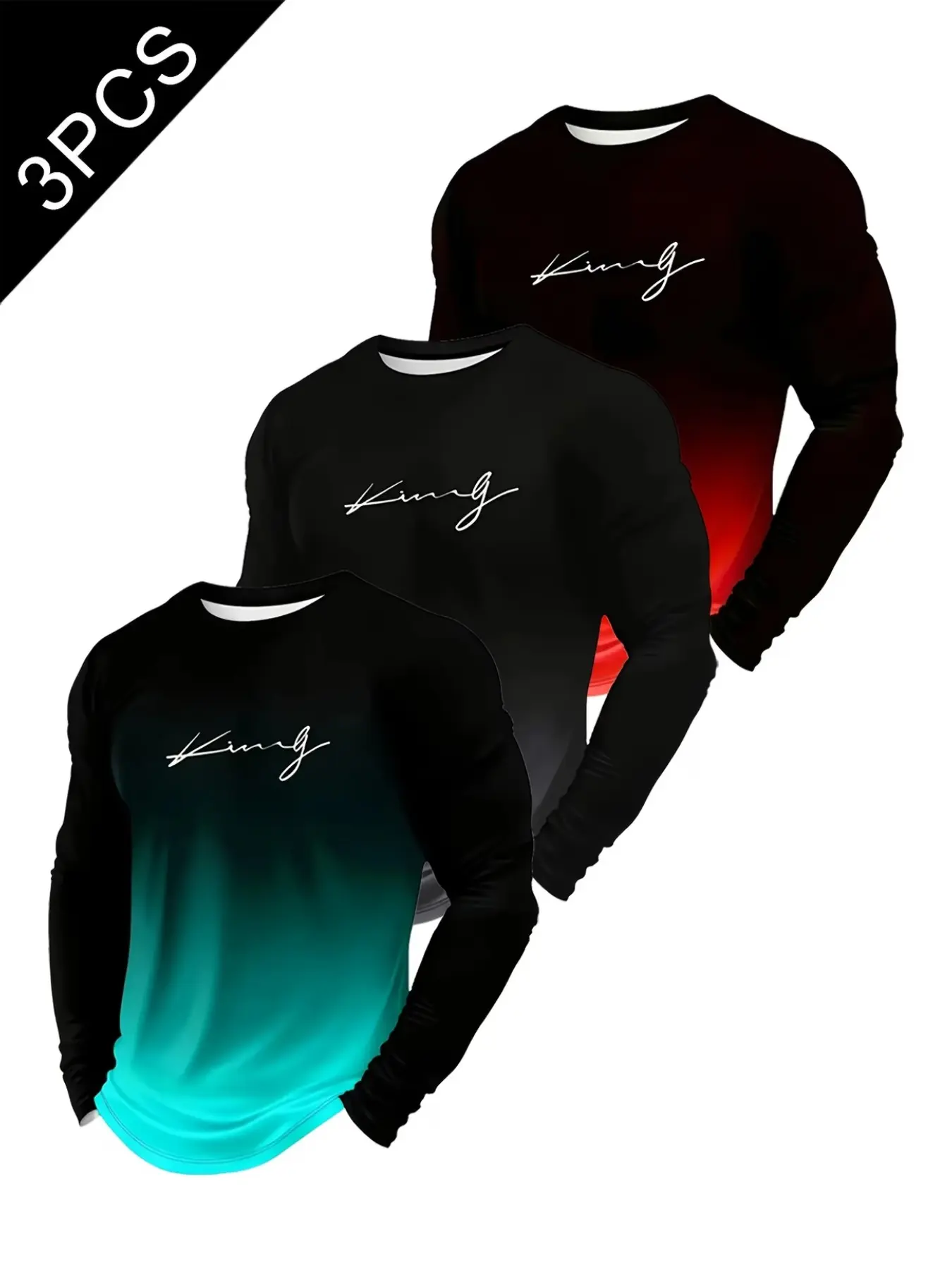 3-Pack Men's Long Sleeve T-Shirts, Gradient King Print, Regular Fit, All-Season Comfort, Round Neck, Soft Fabric