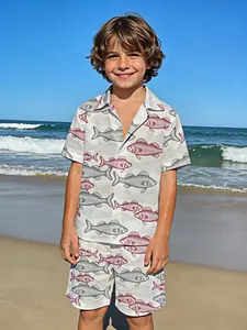 Red Grey Sketch Fish Pattern Kids Summer Matching Suit, Soft relaxed boys casual set, great for beach bonfire & lake camping trip, popular coastal toddler clothes global trending