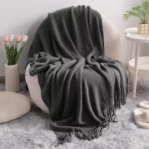 Acrylic Knitted Throw Blanket, Lightweight and Soft Cozy Decorative Woven Blanket with Tassels for Travel, Couch, Bed, Sofa, 51x67 Inches, Grey Striped