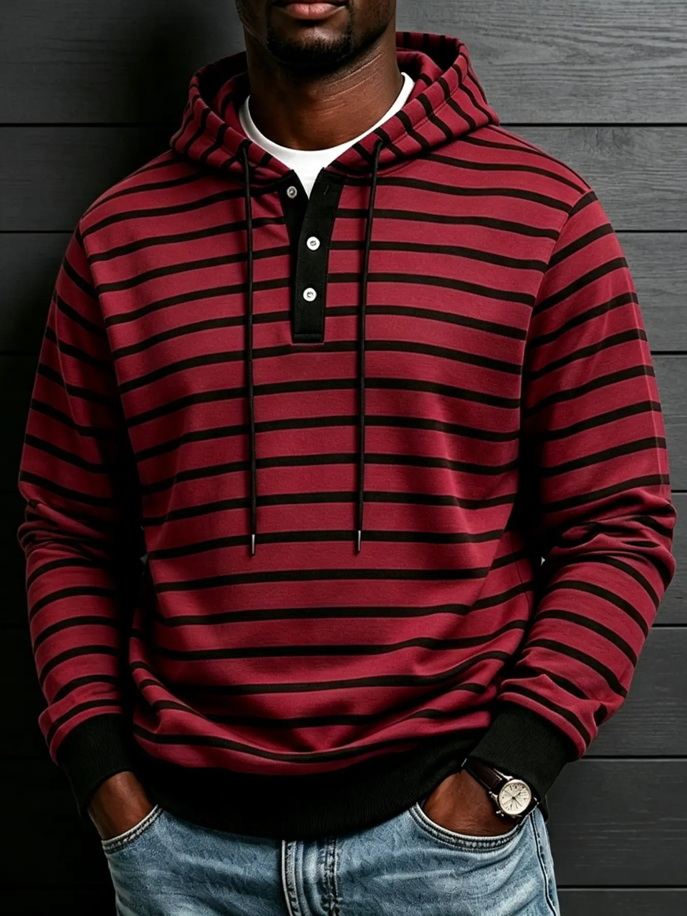 Men's Striped Henley Hoodie Sweatshirt, 3‑Button Partial Placket Drawstring Hood Long Sleeve Pullover, Contrast Rib Cuff & Hem Loose Casual Hooded Top, Fashion Street Daily Commute Outfit, Multiple Colors Plus Sizes S‑3XL In Stock