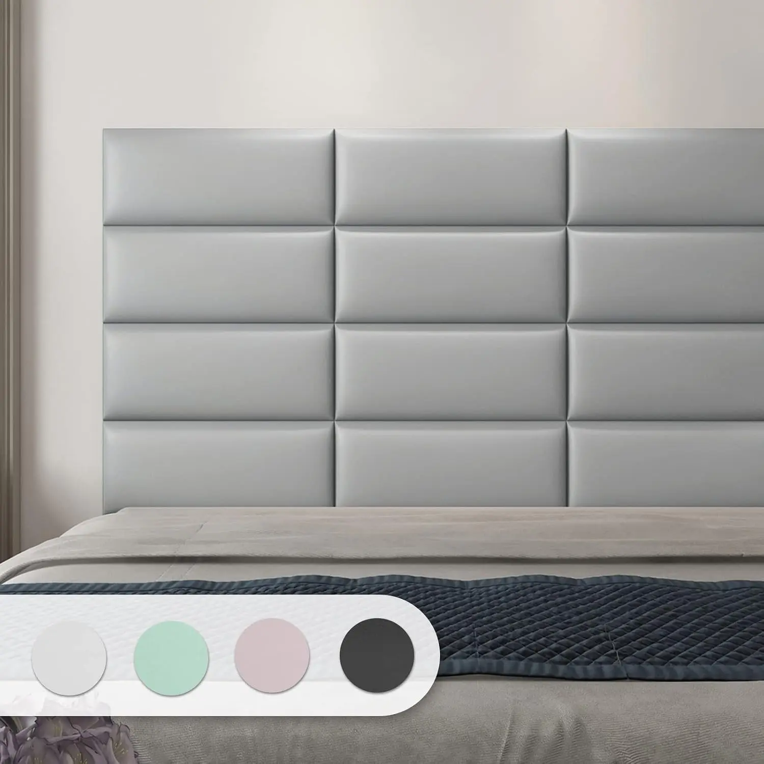 4-Pack Peel and Stick Upholstered Headboard, 9.85 x 23.62 in, Grey | Self Adhesive, Upholstered Padded Panels, Fits Multiple Bed Sizes, Sound Absorbing, Ideal for Bedroom
