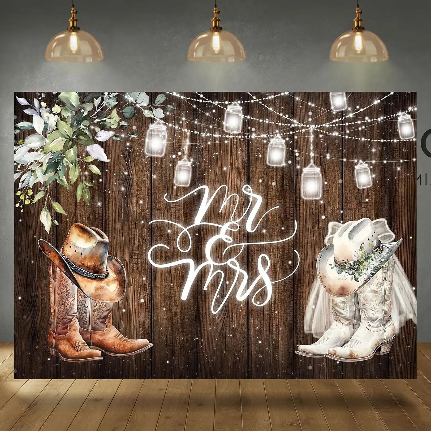 Mr and Mrs Backdrop  Boots Leaves Rustic Wooden Floor Country Wedding Engagement Photography Background Couples Shower Party Decoration Supplies Banner Photo Booth Studio Props 7x5ft