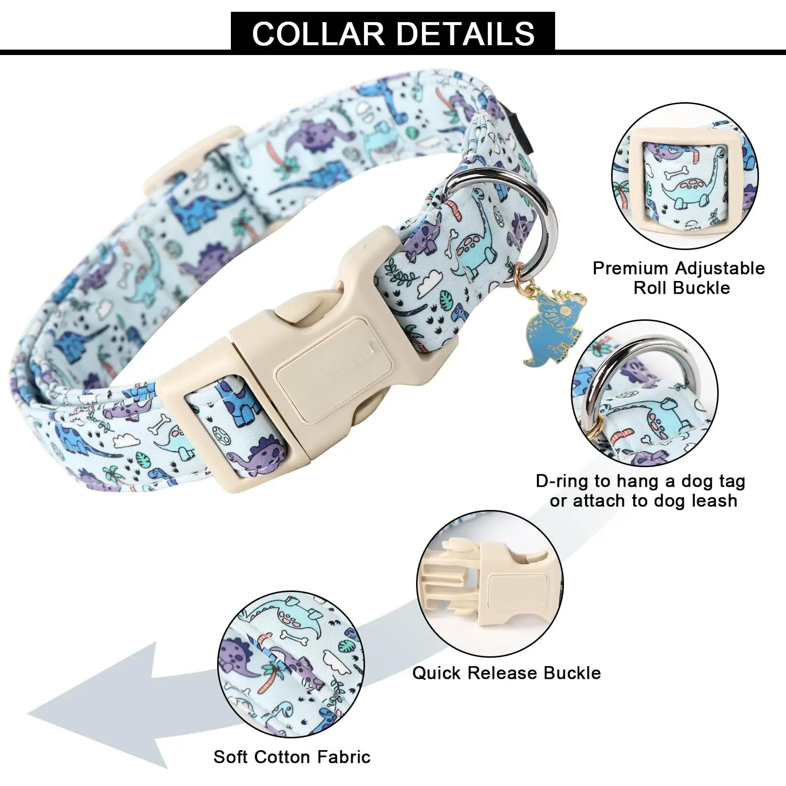 Spring Dinosaur Print Adjustable Dog Collar - Cute Collar with Pendant for Small to Large Dogs  Plastic Buckle Leashes
