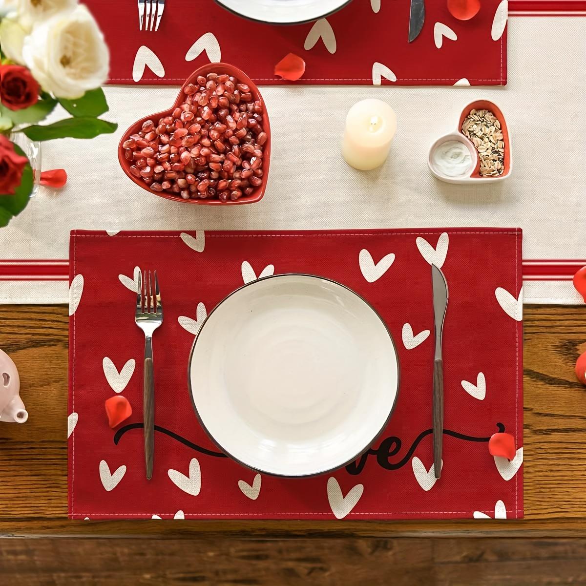 For Valentine's Day, Holiday Parties & Home Use, Table Protection & Decoration Solution, Red Heart Linen Placemats, Heat-resistant Non-slip Easy Clean, Effortlessly Create Romantic Holiday Dining Atmosphere, 4 Pack