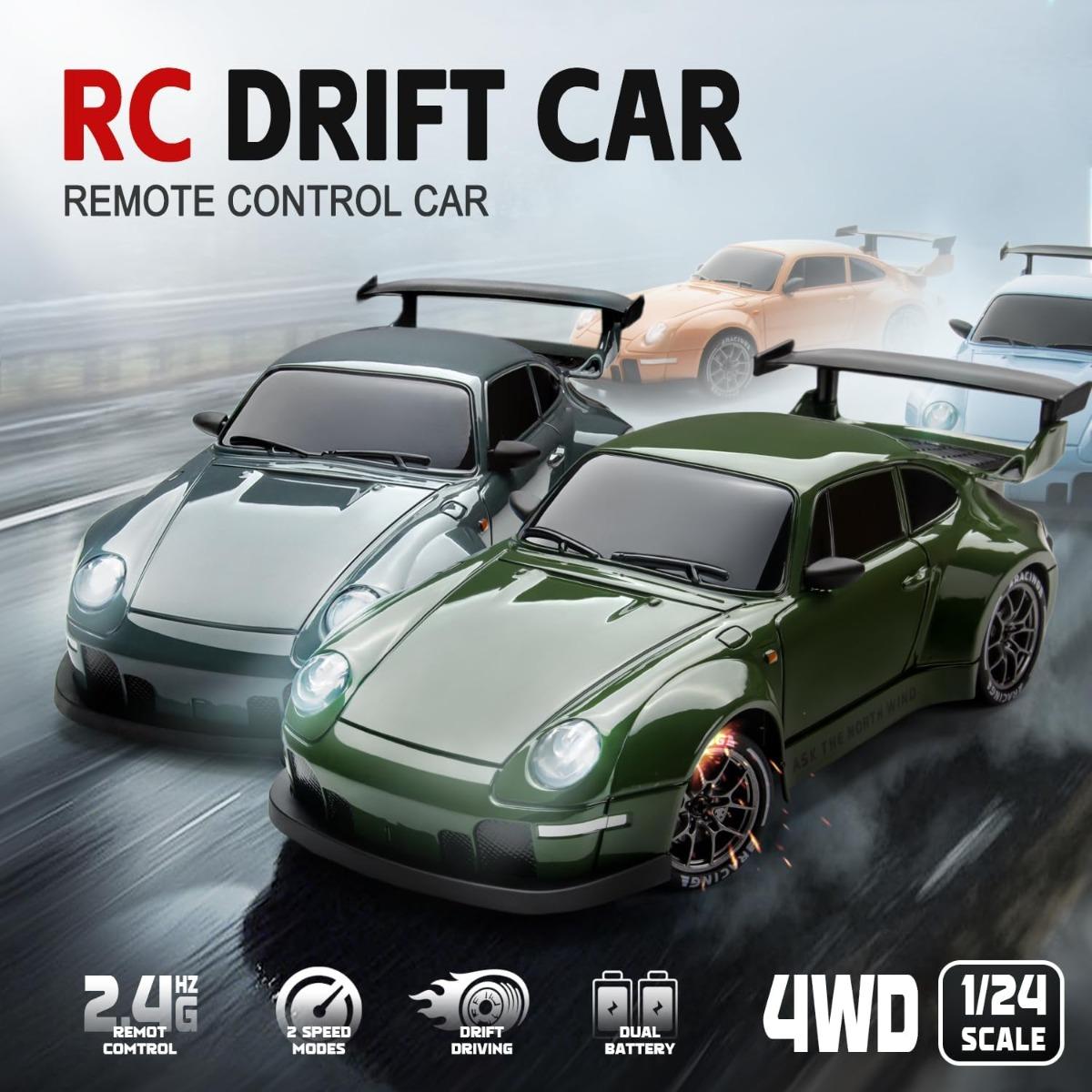 RC drift car, 1:24 proportional four-wheel drive remote control car, with LED lights, 2.4GHz proportional control, including drift tires, RC drift car gifts, family parties, suitable for boys and girls' birthdays and Easter gifts. Ideal Gift for Boys
