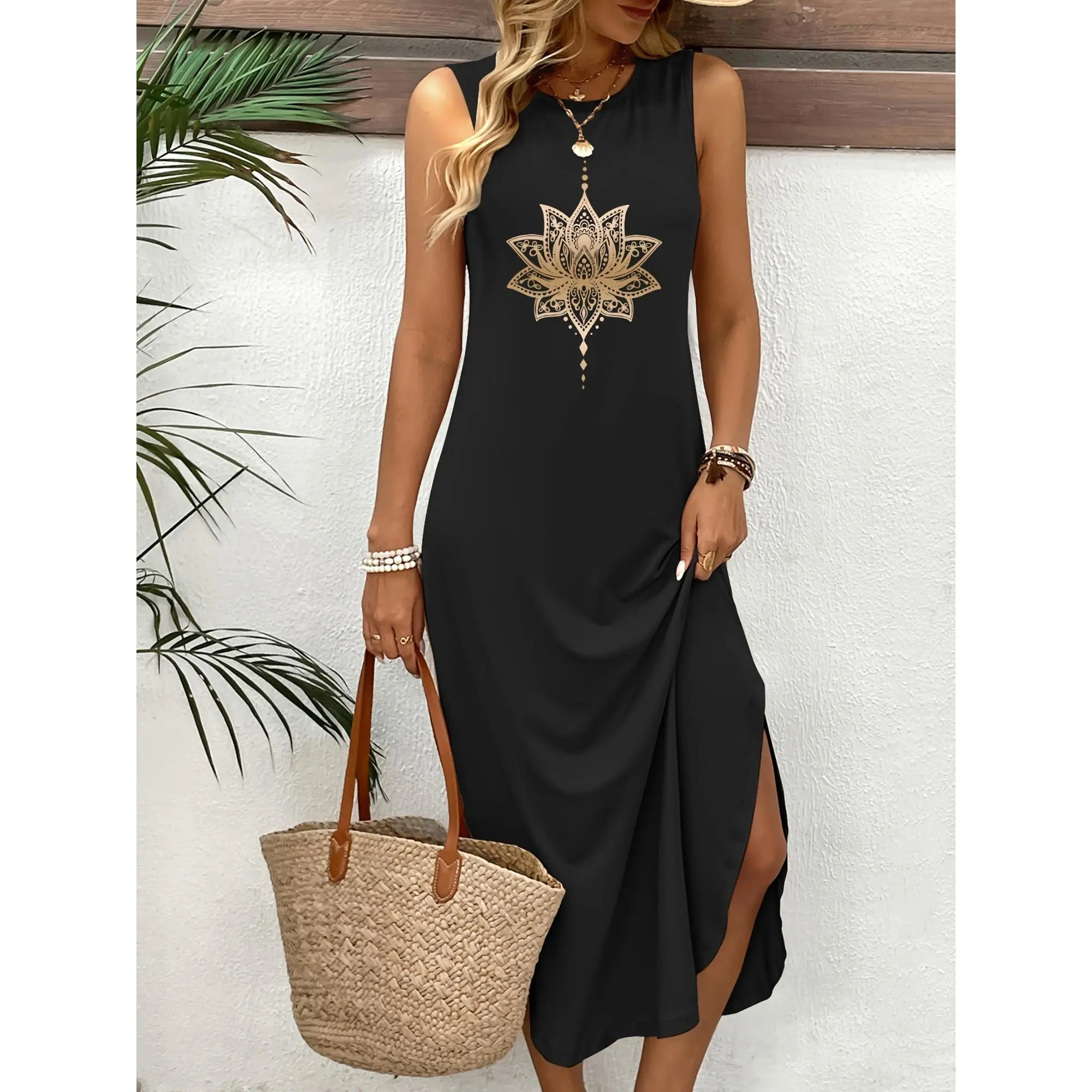 Women'S Sleeveless Maroon Midi Dress with Lotus Flower Print, Casual Crew Neck & Geometric Pattern, Lightweight Polyester Summer Dress for s, Casual Summer Wear| Sleeveless Midi Dress| Intricate Print Design, Cute Dresse,vacay,p,Striped,stylish,maxi dress