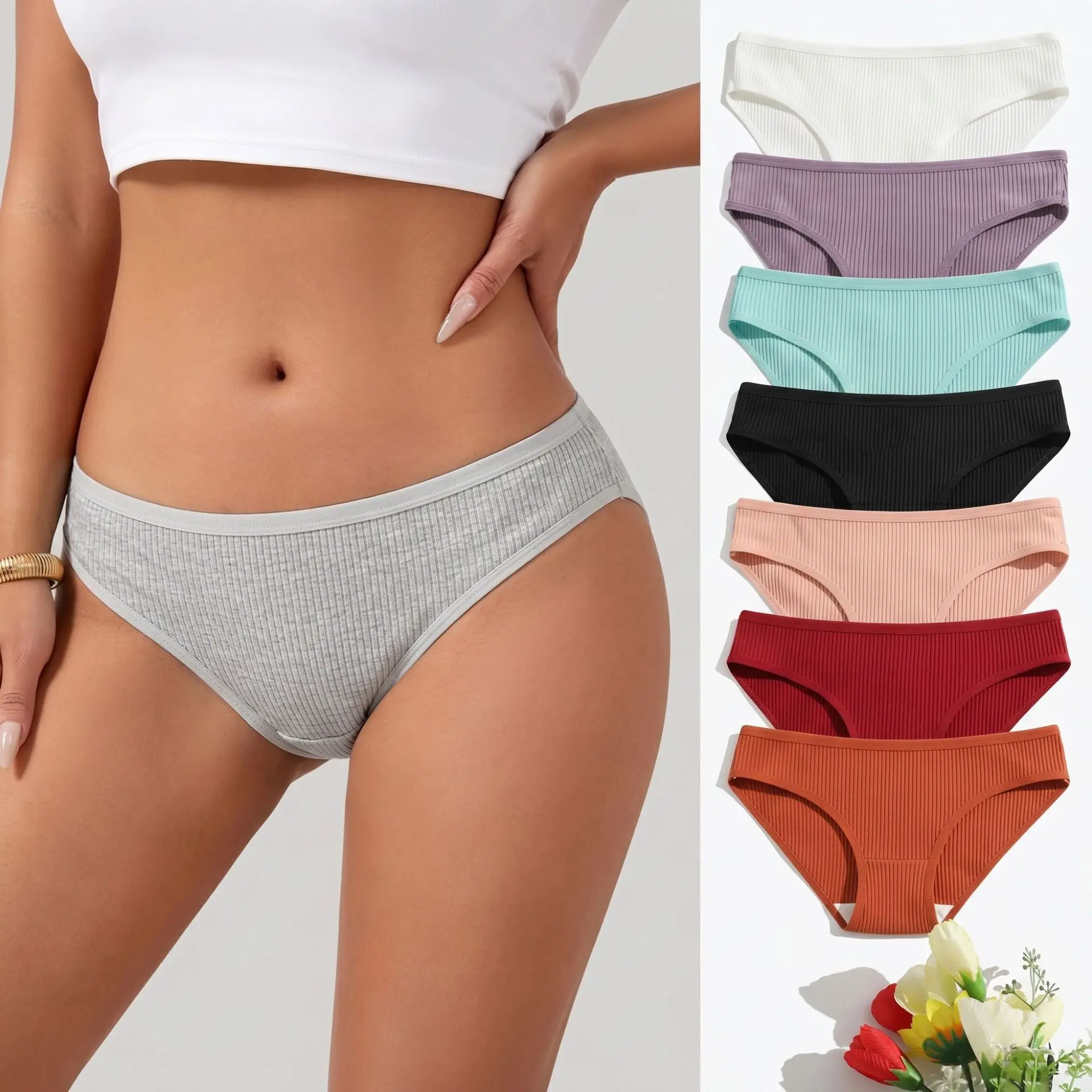 Women's Solid Ribbed Cotton Low Waist Basic Plain Bikini Briefs Panties - 4pcs a Multi-Size Casual Underwear for Teens, Comfortable, Lightweight, Double-Layer Crotch, 2Xl（38）) (Sports & Outdoor Clothing Accessory)