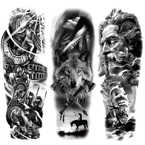 3 Counts Waterproof Full Arm Sleeve Temporary Tattoos, Realistic Wolf and Ship Design Body Fake Tattoos for Men and Women, Long-Lasting Low-Allergy Body Art Tattoo Stickers