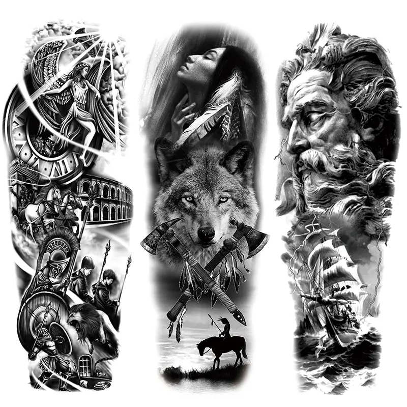3 Waterproof Full Arm Tattoo Sleeves, Realistic Wolf Ship Skull Designs for Men and Women, Long-Lasting Low-Allergy Body Art, Fake Tattoos, Waterproof Temporary Tattoos