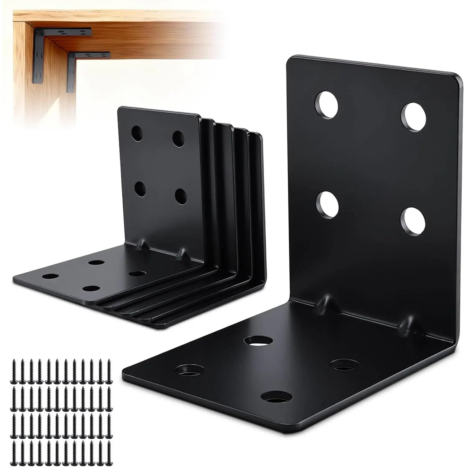 6-Count 4x4x3-1/8 Inches Heavy Duty Carbon Steel L Brackets, 1/8 Inch Thick Rust-Proof Reinforced 90-Degree Corner Braces with Smooth Edges for Shelf Support, Furniture