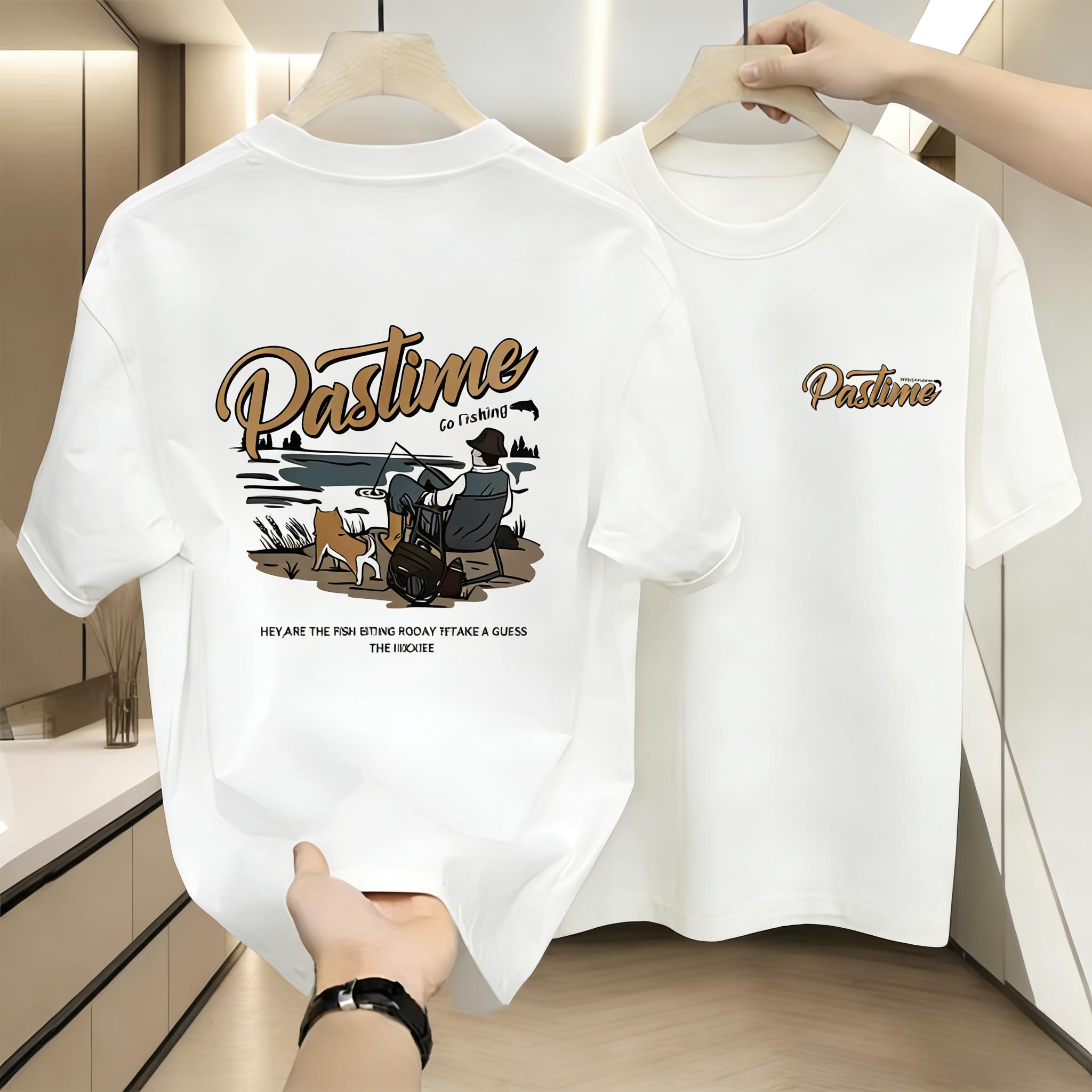 "Pastime Go Fishing Vintage Illustration T - Shirt – Retro Angler & Dog Graphic Tee with 'Hey Are The Fish Going Roony?Take A Guess The Inlovee' Slogan, Black Casual Streetwear for Men & Women"