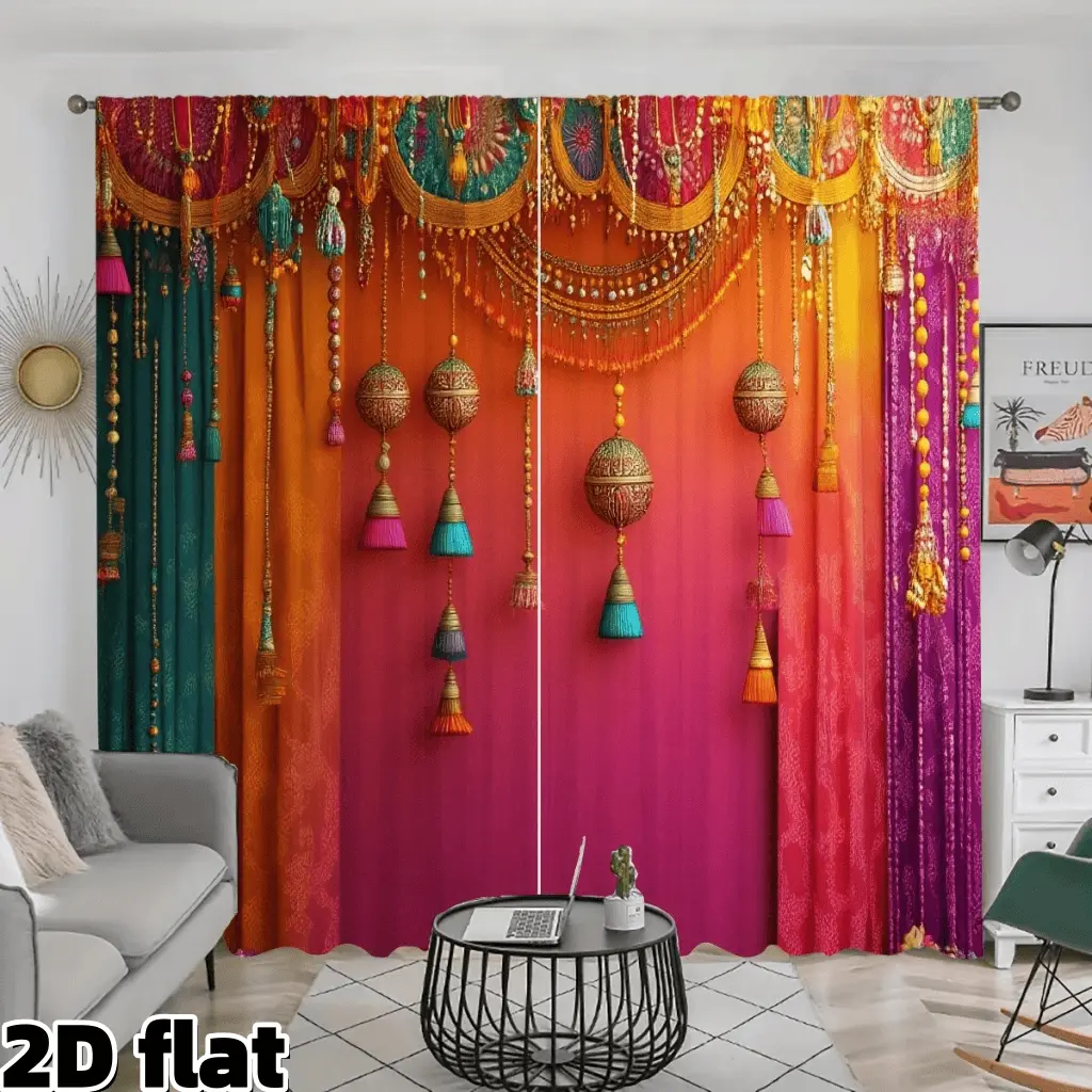 2D Flat 2Pcs Bohemian Curtains Colorful Tassel Lantern Print, Gradient Ombre Design, Semi Sunshade Rod Pocket Style, Perfect for Living Room Bedroom Balcony Kitchen Study Window Decoration, Oriental Boho Decor, Privacy Protection