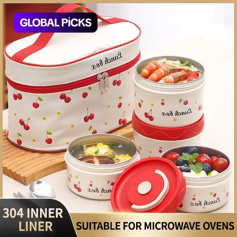 Cherry Pattern Set, 1 Set Including Lunch Box & Insulated Bag & Spoon & Chopsticks, Leakproof Insulated Lunchbox, Portable Lunch Container for Home Office School, Leakproof Food Containers #GLOBAL PICKS