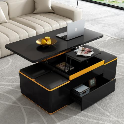 [Bellemave]VIBE HAUS Lift-Top Coffee Table with Storage Stools, Modern Center Table with Foldable Top, Multi-Functional Adjustable Coffee Table for Living Room(OLD SKU:N724P292506B)    RR