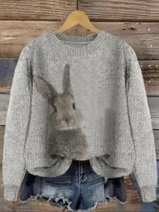 Women's Rabbit Print Drop Shoulder Sweater, Casual Style Long Sleeve Round Neck Jumper for Fall & Winter, Fashion Ladies' Knitwear for Daily Wear