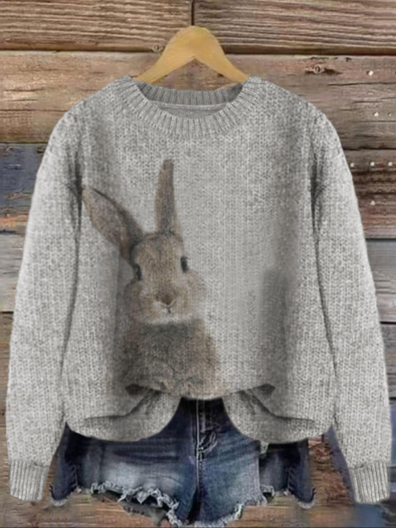 Women's Rabbit Print Drop Shoulder Crew Neck Sweater, Casual Chic Long Sleeve Round Neck Jumper for Fall & Winter, Fashion Ladies' Knitwear for Daily Wear, Women's Clothing, Sweaters for Women, Cute Tops, Knit Pullover Tops