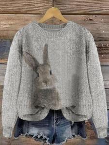 women's rabbit print drop shoulder sweater, casual chic long sleeve round neck jumper for fall & winter, fashion ladies' knitwear for daily wear, women's clothing, sweaters for women, clothes for women,  cute tops