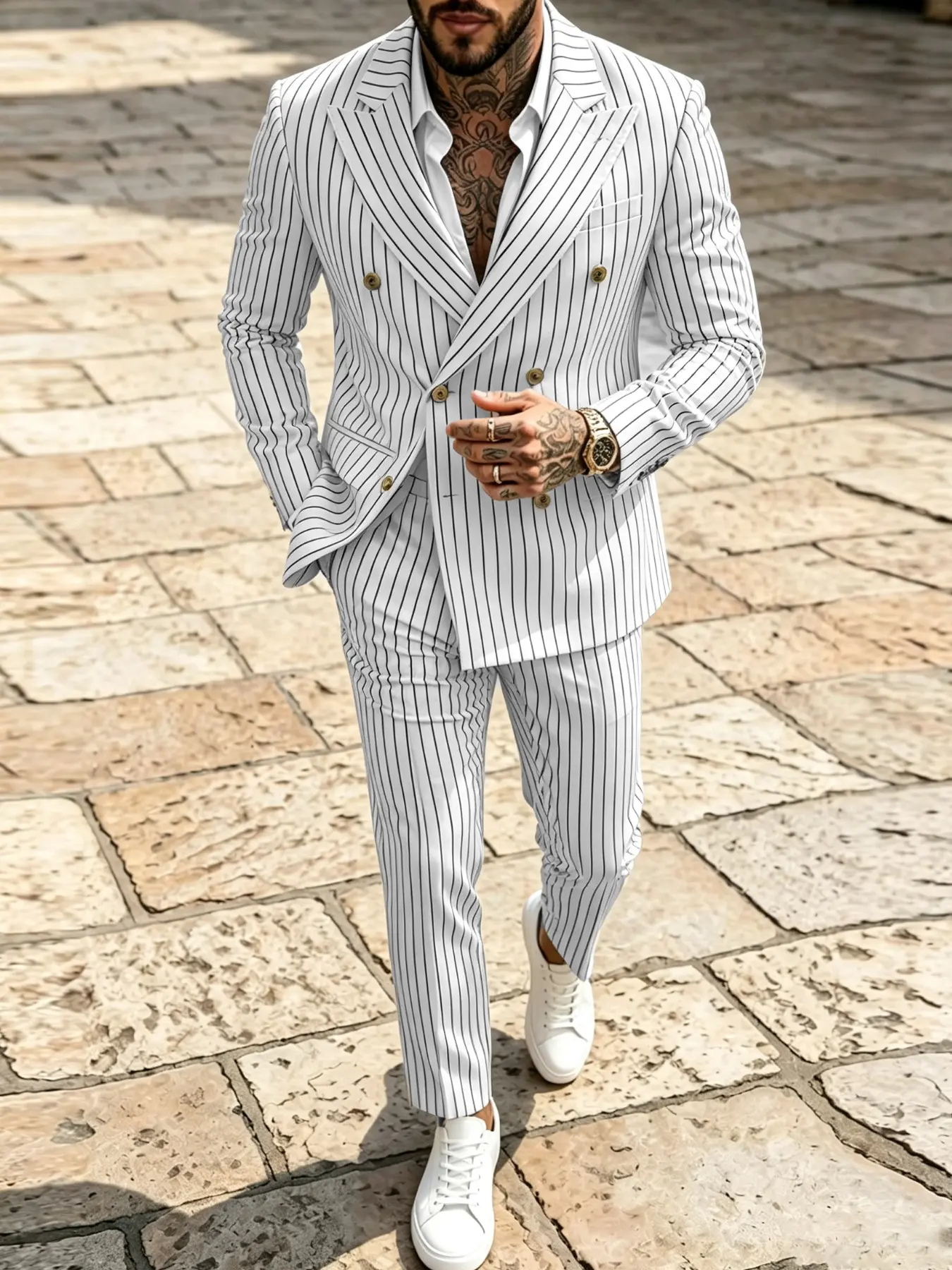 Men's Two-Piece Suit Set, Vertical Fine Stripes Double Button Blazer and Pants, Slim Fit, Business Wear, All Seasons, Formal
