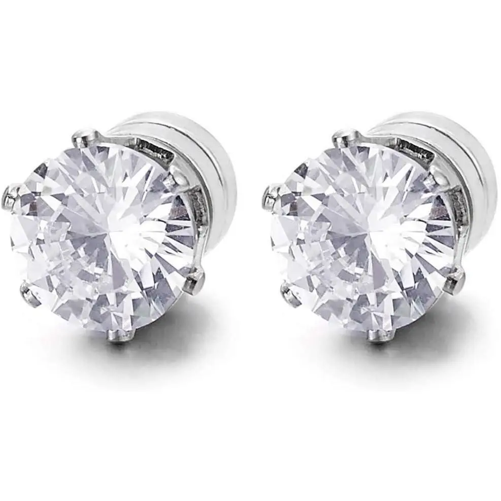 Unisex Magnetic Cubic Zirconia Stud Earrings, Polished Stainless Steel Non-Piercing Jewelry, Classic Pierced Look