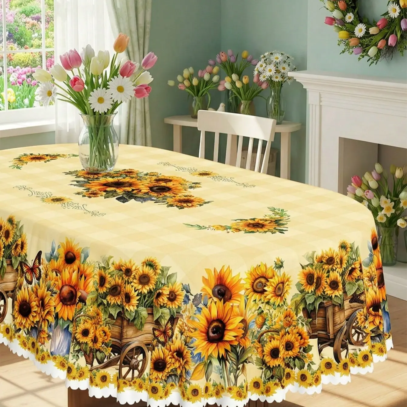 1pc-Floral Tablecloth, Vintage Truck & Butterfly Lace Edges, Polyester Material, Suitable for Kitchen, Restaurant & Dining Decor, Rectangular & Round Tables, Decorative Edge
