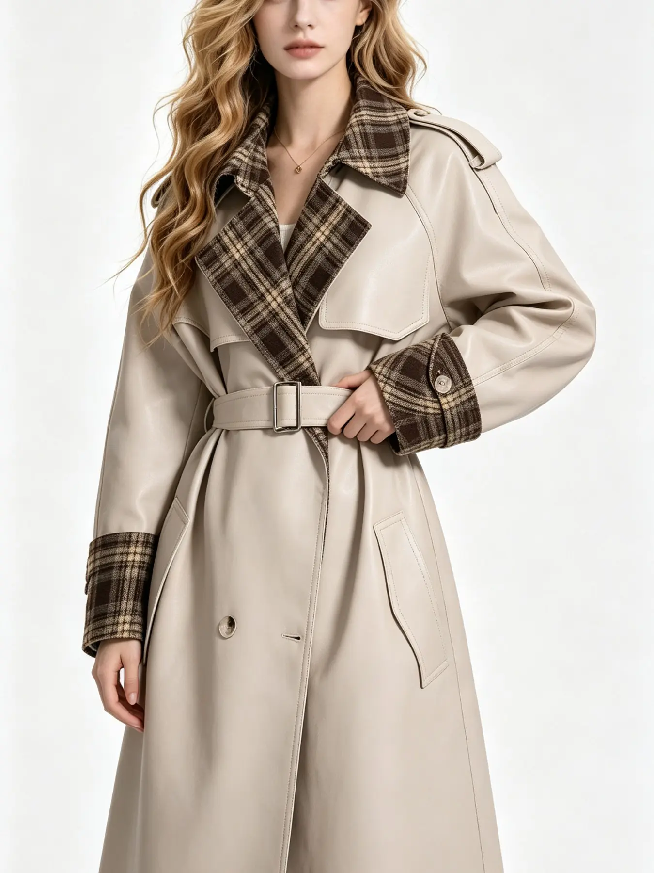 Women's Plaid Lapel Imitation Leather Jacket, Long Belted Double Button Windbreaker, Loose Fit Long Sleeve Fall Winter Streetwear