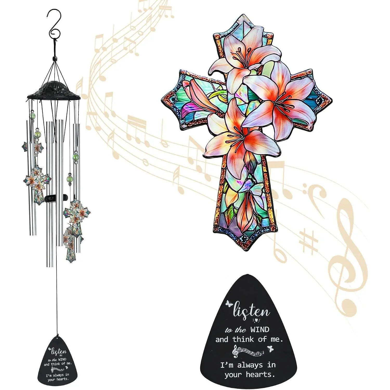 Memorial Wind Chime,  Flower  Suncatcher | 34 Inch Outdoor Metal Chime, Religious Sympathy , Remembrance Decor For Loss Of Loved , Garden Patio