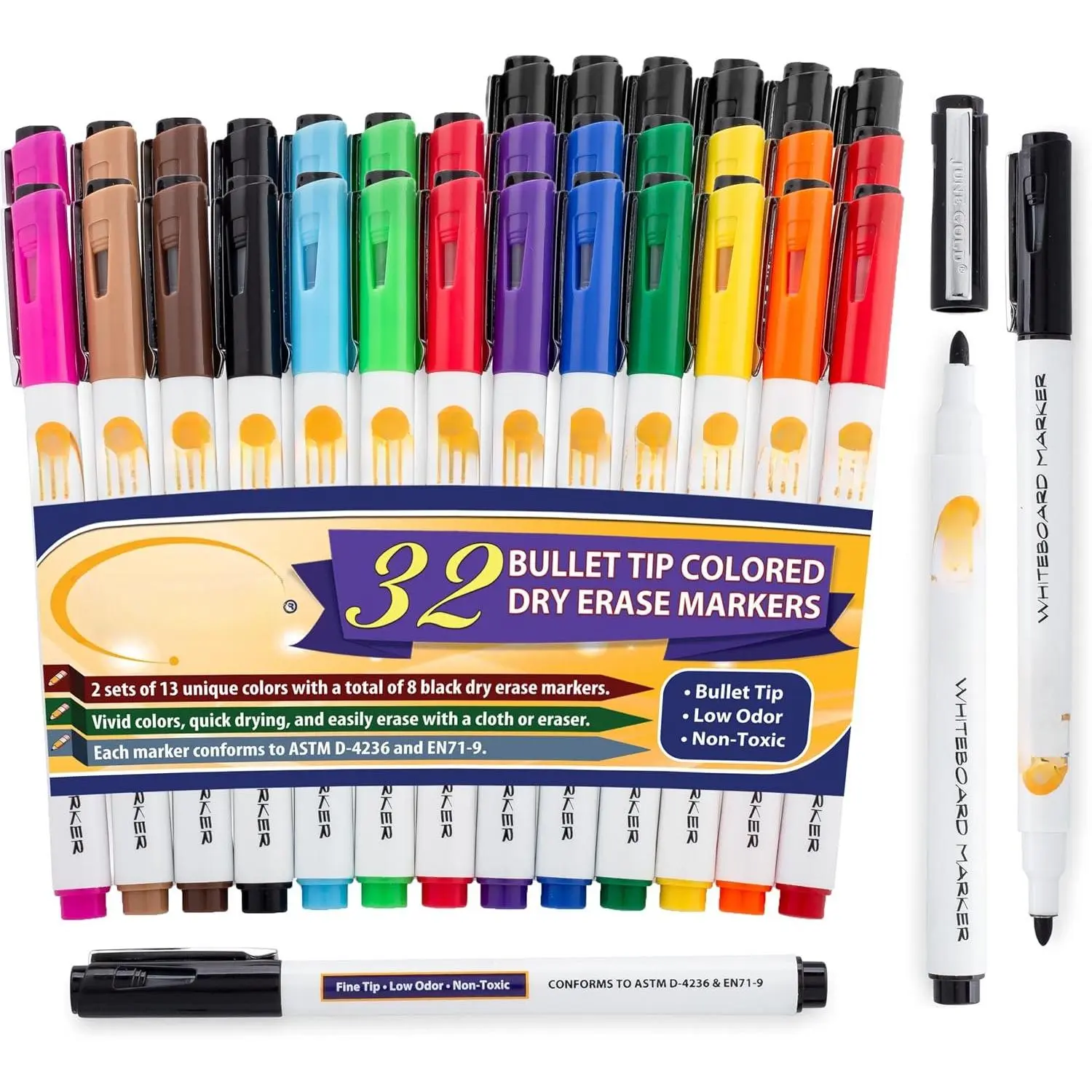 32 Color Dry Erase Whiteboard Markers, Fine/ Tip, 13 Colors | 2 sets of 13 Colors With 8 Black Markers, Low Odor, Slim Barrel &  Lines