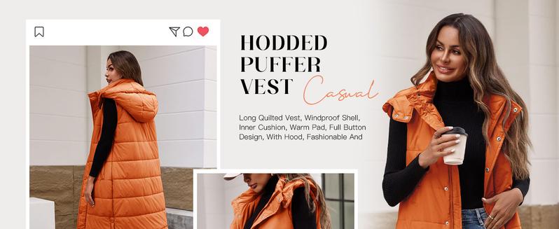 PiePieBuy Women's Hooded Puffer Vest Long Quilted Sleeveless Button Down Cotton Padded Jacket  Winter Coat