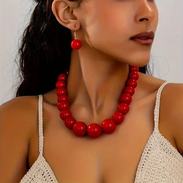 exaggerated trendy red handmade size beaded necklace and earrings, simple and exaggerated bohemian style, suitable for travel and vacation clothing matching