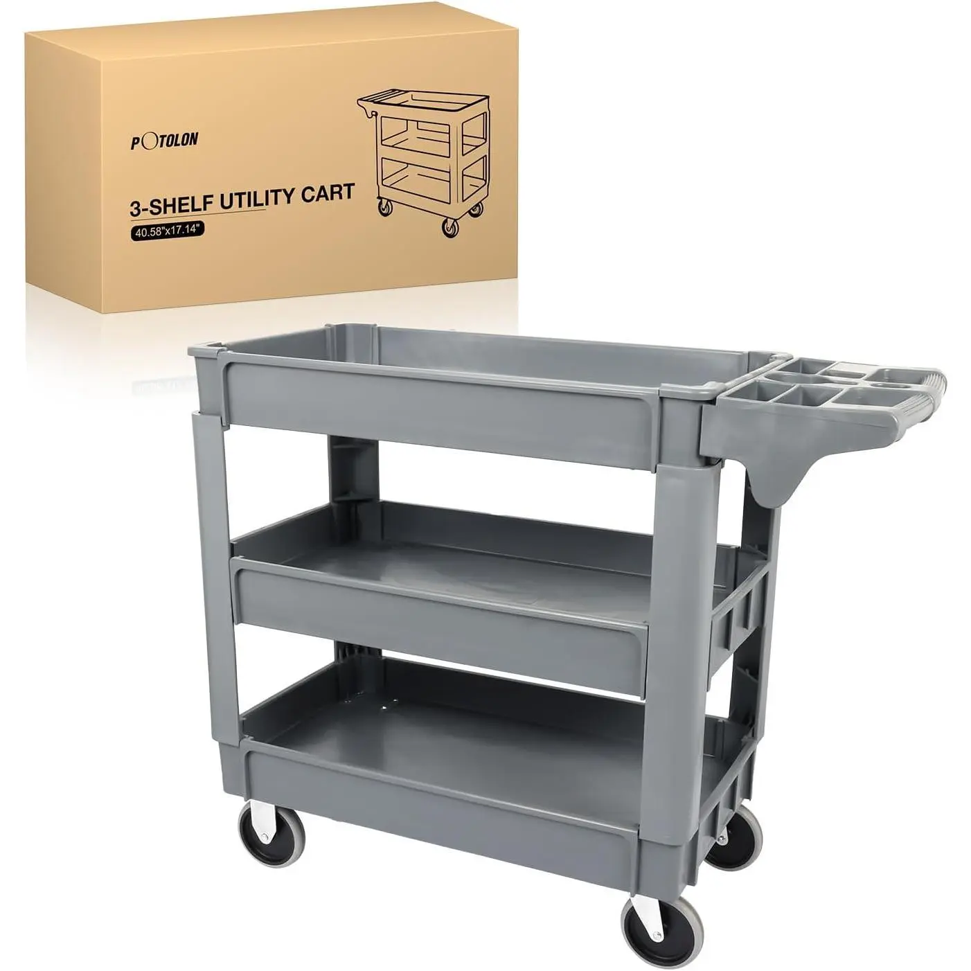 POTOLON Heavy Duty 3-Shelf Plastic Utility Organiser Cart - 550 lbs Capacity Rolling Service Cart with 5 in TPU Silent Wheels, Integrated Tool Handle - Grey