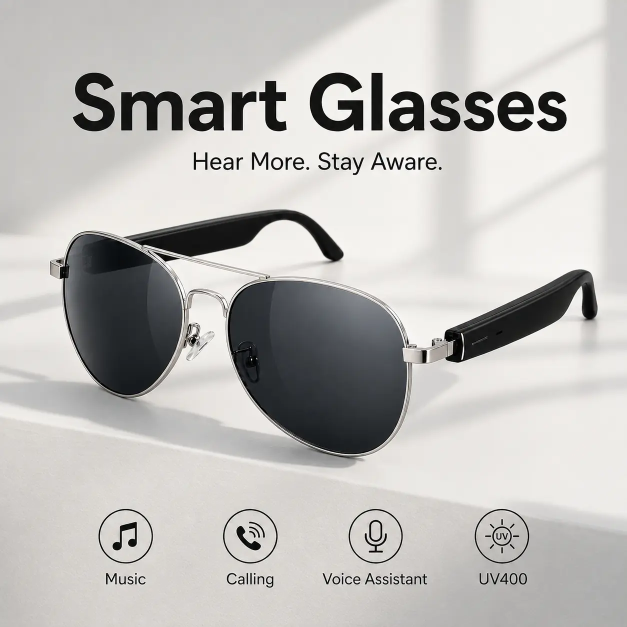 Smart Glasses for Men Women, Bluetooth Aviator Sunglasses with Open-Ear Listening, Built In Mic and Speakers for Driving Cycling Running