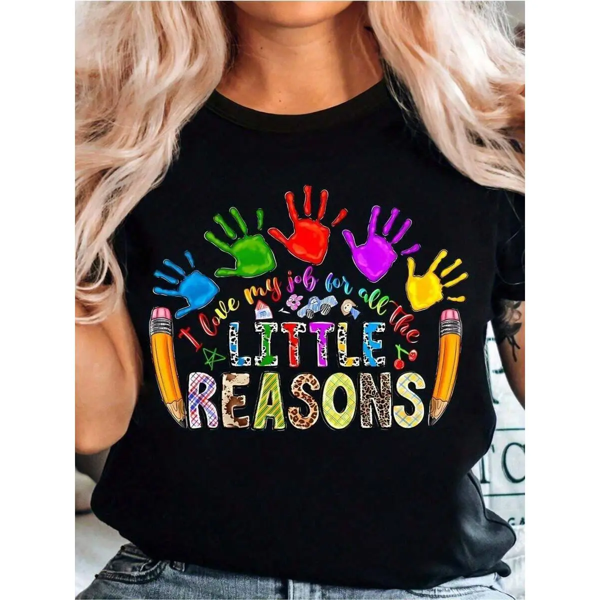 Women's 100% Cotton Crew Neck Short-Sleeve Teacher T-Shirt - Colorful Handprints, "I Love All The Little Reasons I Work" Slogan, Regular Fit Summer Casual Top, Preschool-Educator Gift, Black Teacher Clothes
