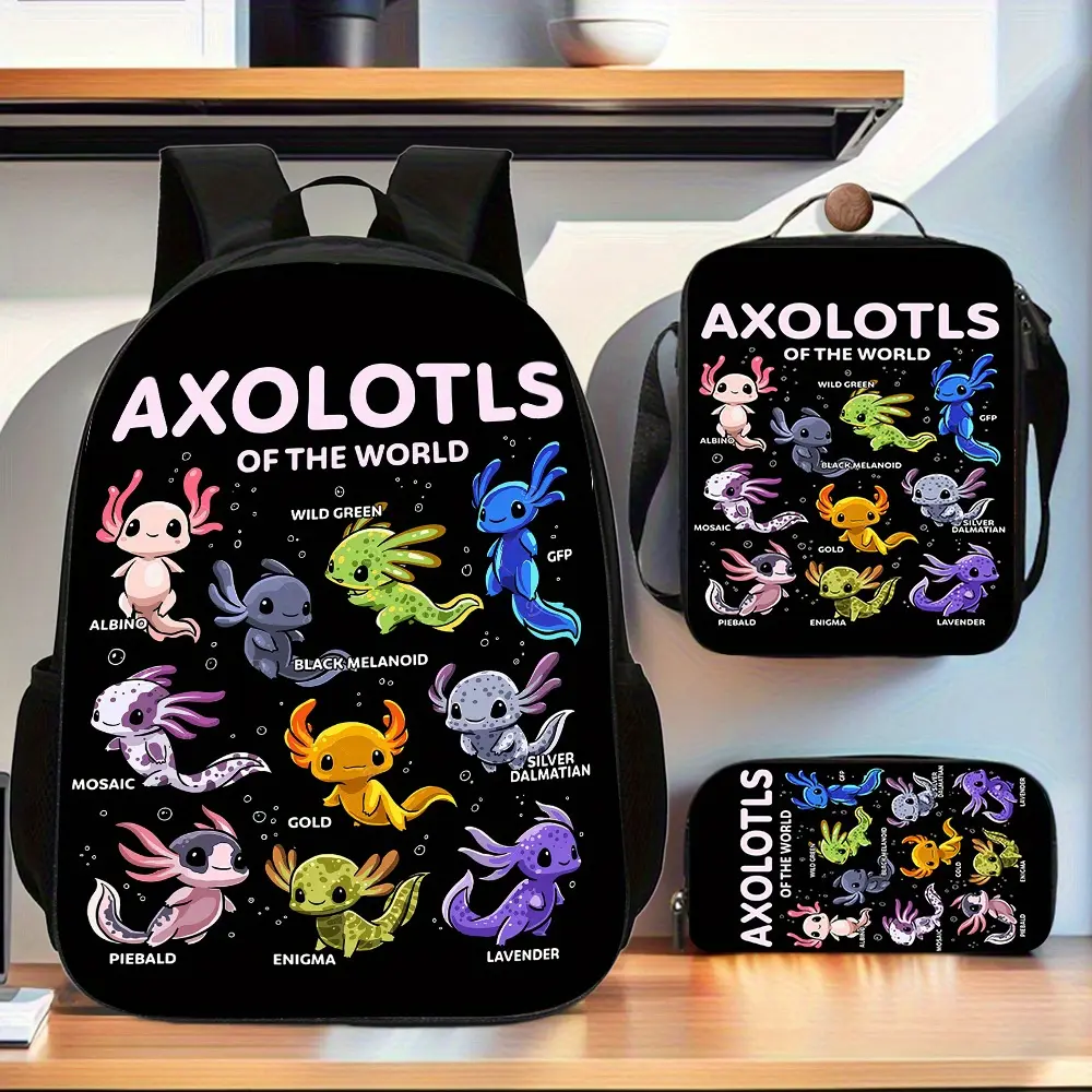 3pcs Axolotls Back to School Haul Backpack Set for 10-11 Years Olds - 4-in-1 School Supplies Set with Backpack, Lunch Bag, Pencil Case, Athletic, Preppy, Vibrant, Ultra-Lightweight, Adjustable Straps, Polyester Lining, Secure Zippers, Built-in Organizer
