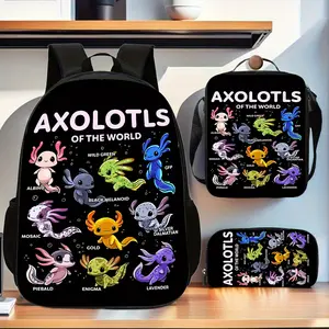 3pcs Axolotls Backpack Set - Vibrant, 1*Lunch Bag, 1*Pencil Case, Preppy, and Ultra-Lightweight Design with Adjustable Straps, Polyester Lined, Secure Zipper Closure