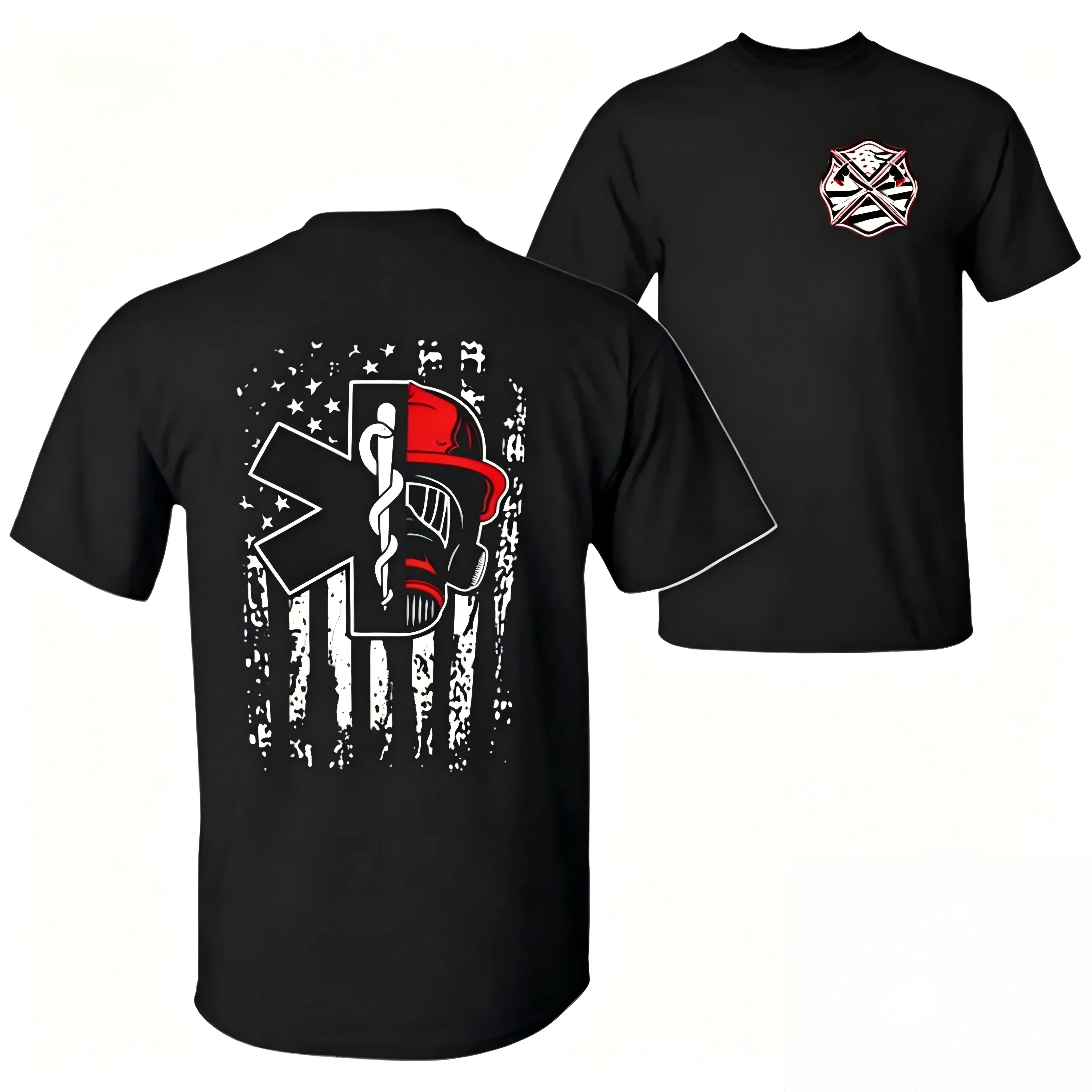 Men's First Responder Graphic T-Shirt - Menswear Shortsleeve Top, Casual Round Neck with American Flag EMT Firefighter Design, Support Gift for Rescue Workers, Crew Neck, Machine Wash, Emt/Fire Logo, Firefighter Art, Emt Emblem