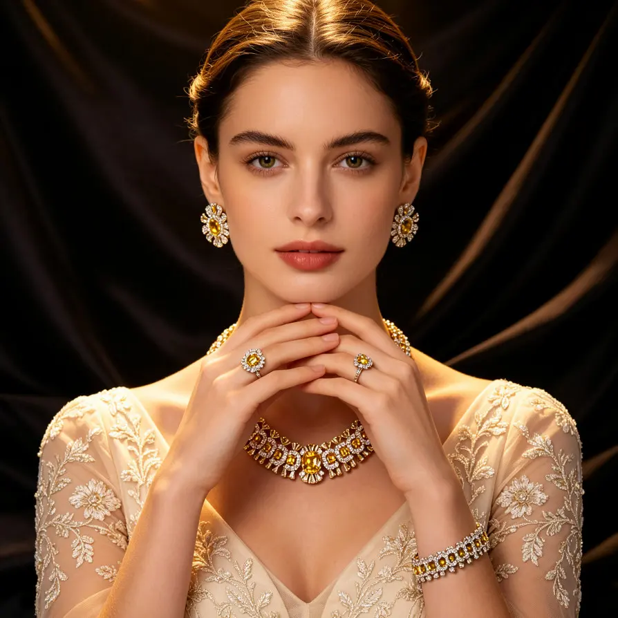 Solar Bloom 4-Piece Floral Radiant-Cut Zirconia Costume Jewelry Set - Necklace, Earrings, Ring, Bracelet