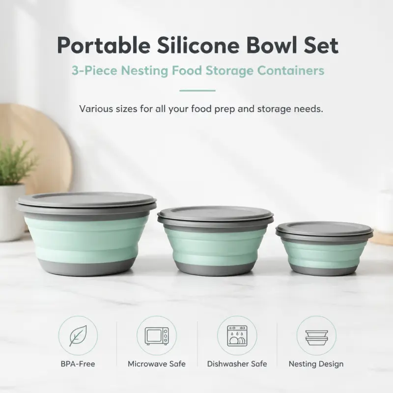3-Piece Collapsible Silicone Food Storage Bowl Set Nestable Portable Meal Prep Containers Travel Salad Bowl Kit
