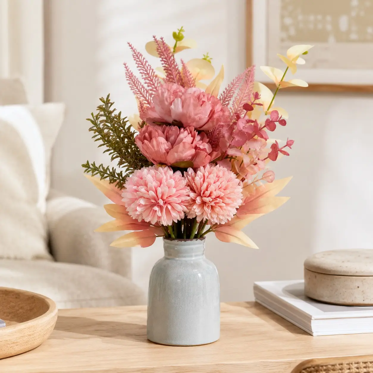Pink Artificial Flower Bouquet Faux Peony Hydrangea Chrysanthemum Dandelion Eucalyptus Arrangement Hand Painted Gradient Bendable Iron Wire Stems for Vase Wedding Centerpiece Bridal Shower Home Decor Table Bedroom Office Party Gift