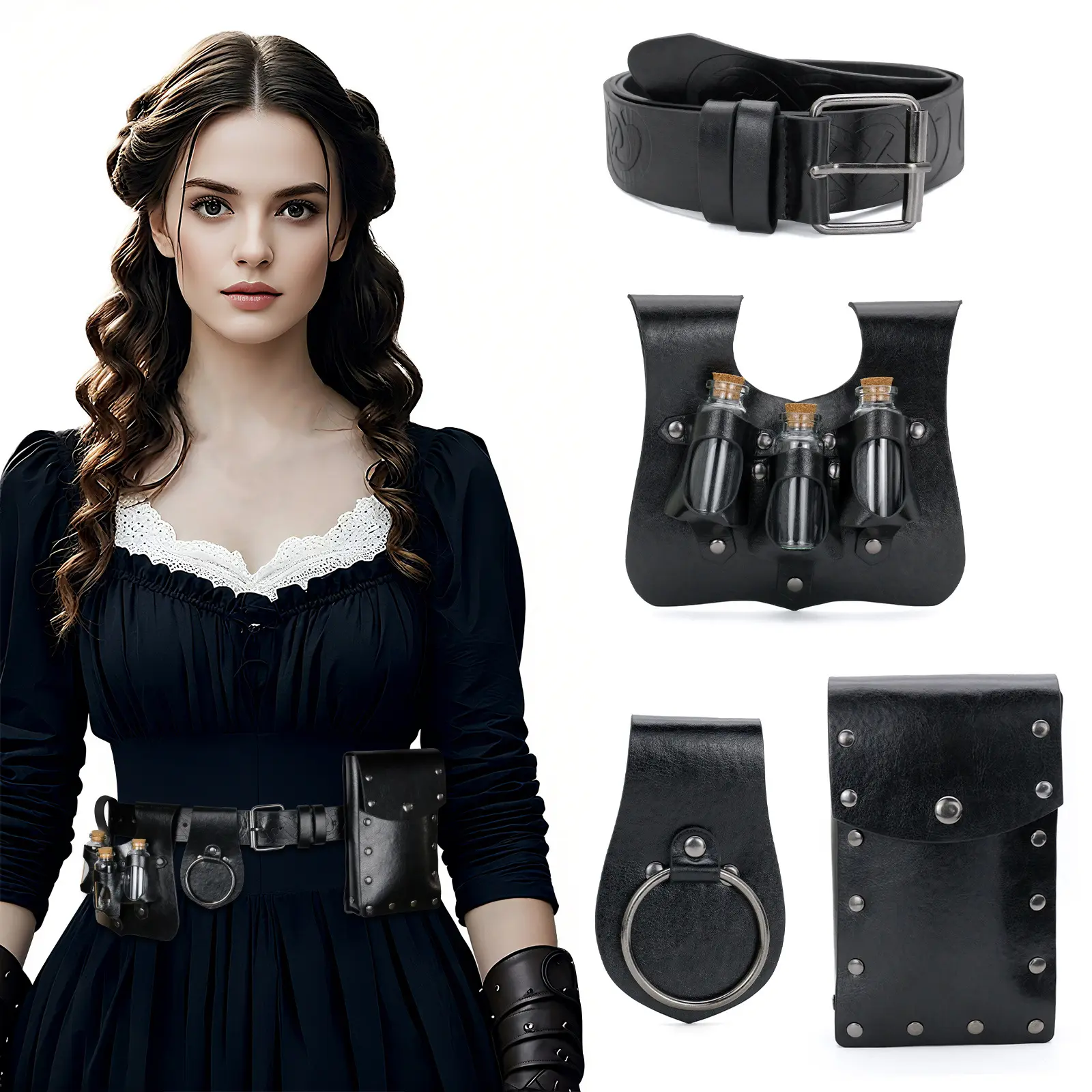 Effortless Black Medieval Viking Leather Belt and Waist Pouch Set with 3 Glass Potion Vials Holder Double Ring Hanger Vintage Renaissance Faire Alchemist Sorceress LARP Cosplay Halloween Costume Accessories Men Women